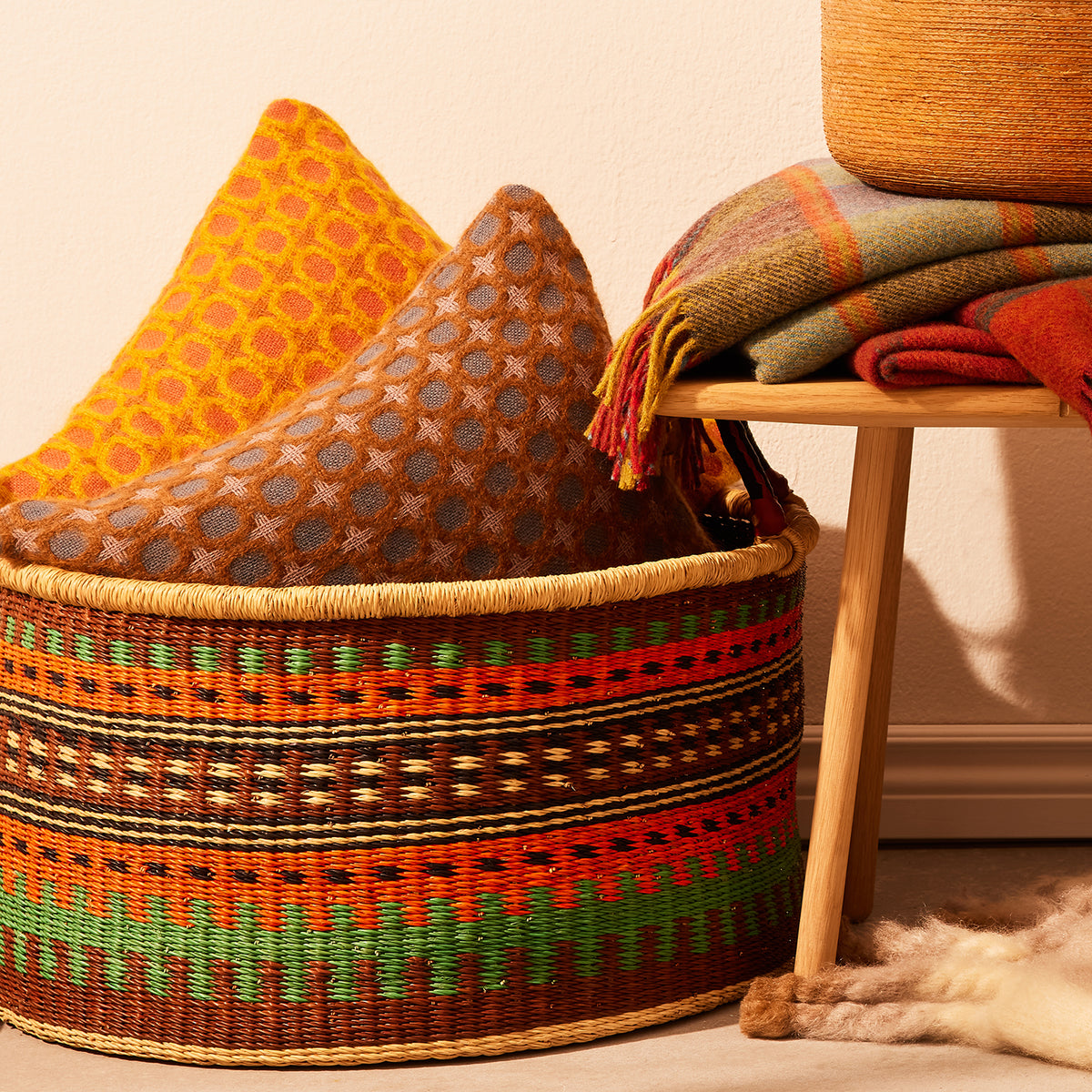 Goodee-Baba Tree-Large Woven Short Basket - Color - Rust/Turquoise
