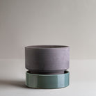 Goodee-Bergs Potter-Hoff Ø30 Planter - Color - Raw Grey - Hoff Ø30 Saucer - Color - Misty Blue Glazed